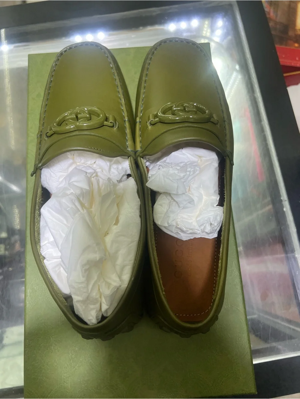 Gucci Olive Green Leather Moccasins with Interlocking G 8.5 Gucci/9.5 US